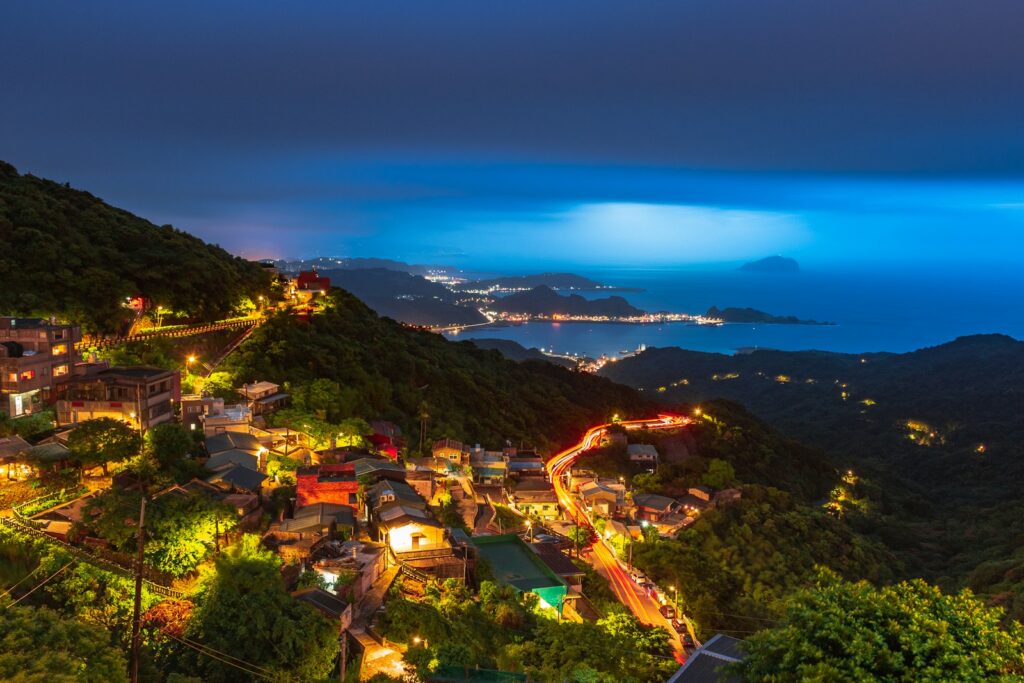 bird's eye view of a mountainside village at night