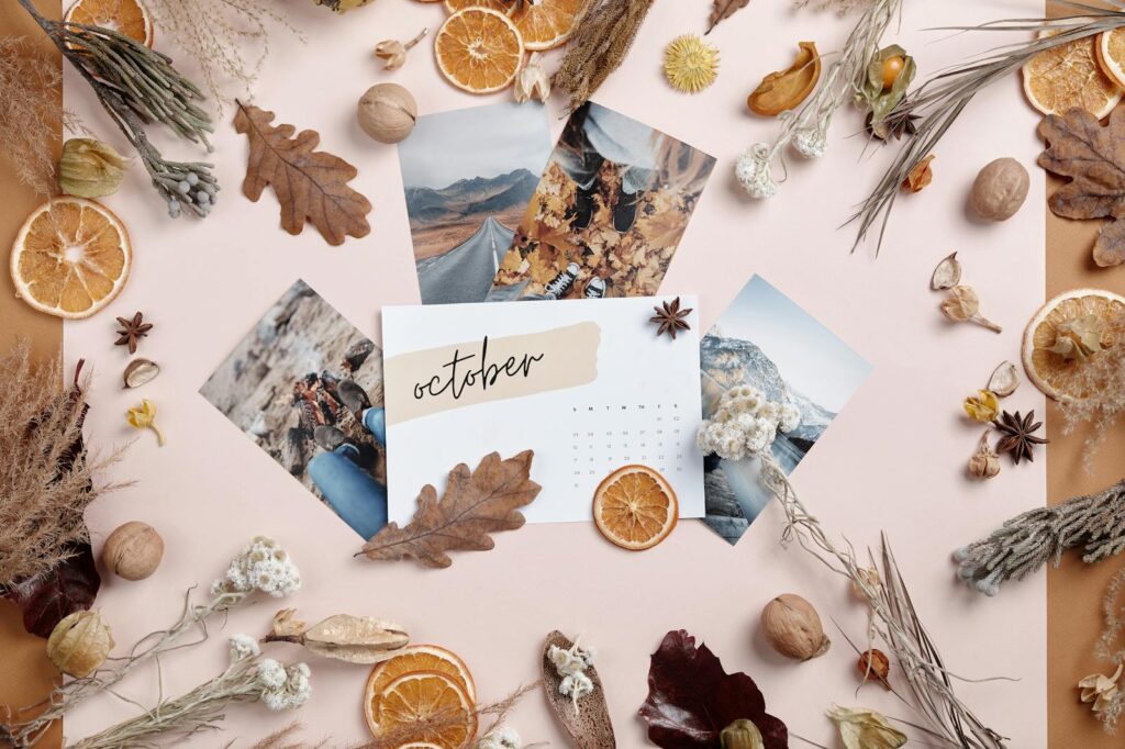 Printed Photos and October Calendar Paper Surrounded by Dried Plants and Flowers